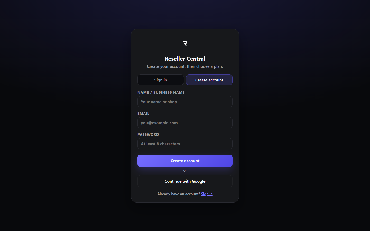 Sign up screen